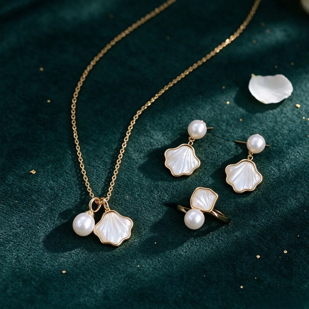 3 Pcs French Style Shell Jewelry Set Necklace Earring Ring Elegant Minimalist Daily Wedding Banquet Women Gift Jewelry C+