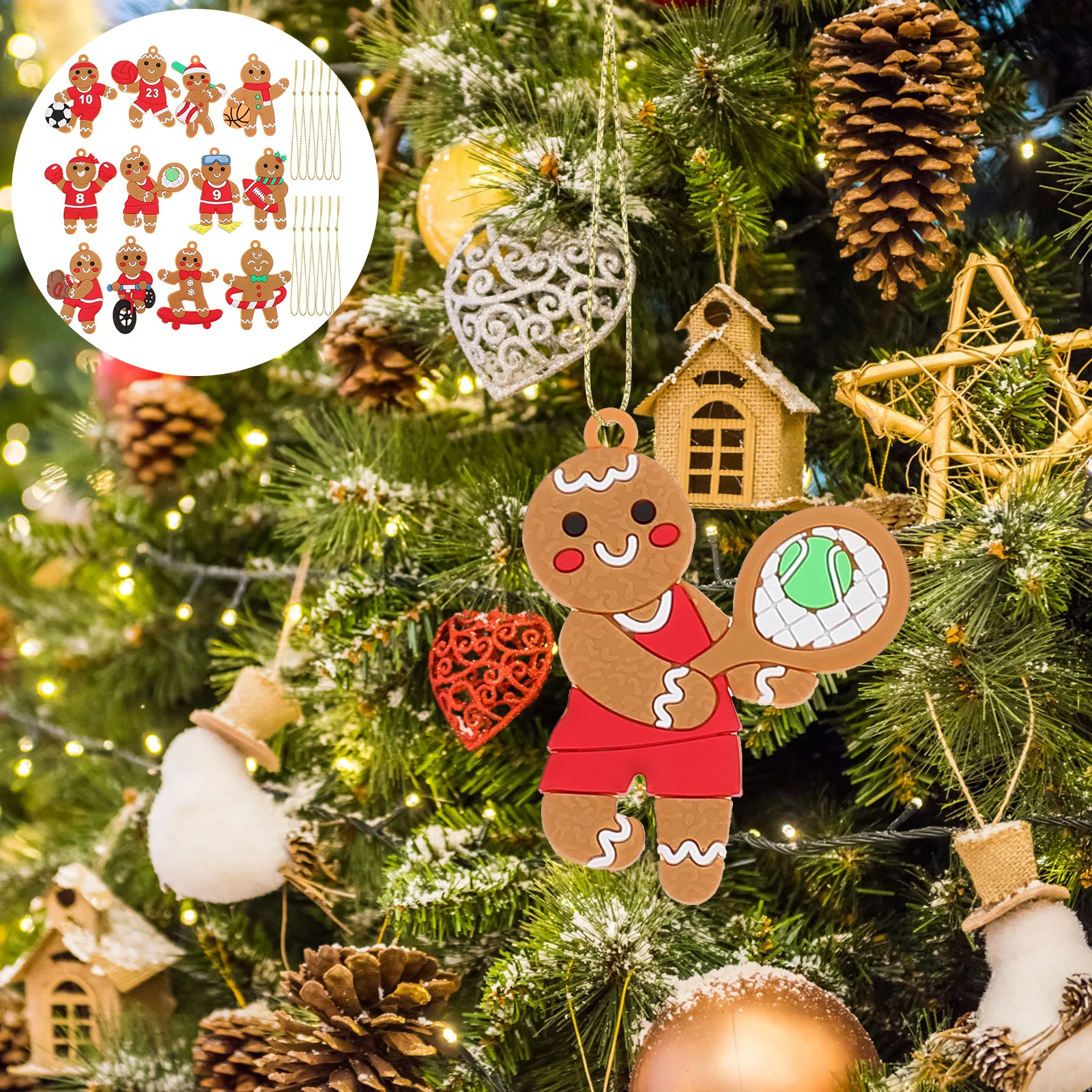 

12Pcs Gingerbread Man Ornament Hanging Christmas Decor for Tree Window Party School Celebration Festival Home Decor