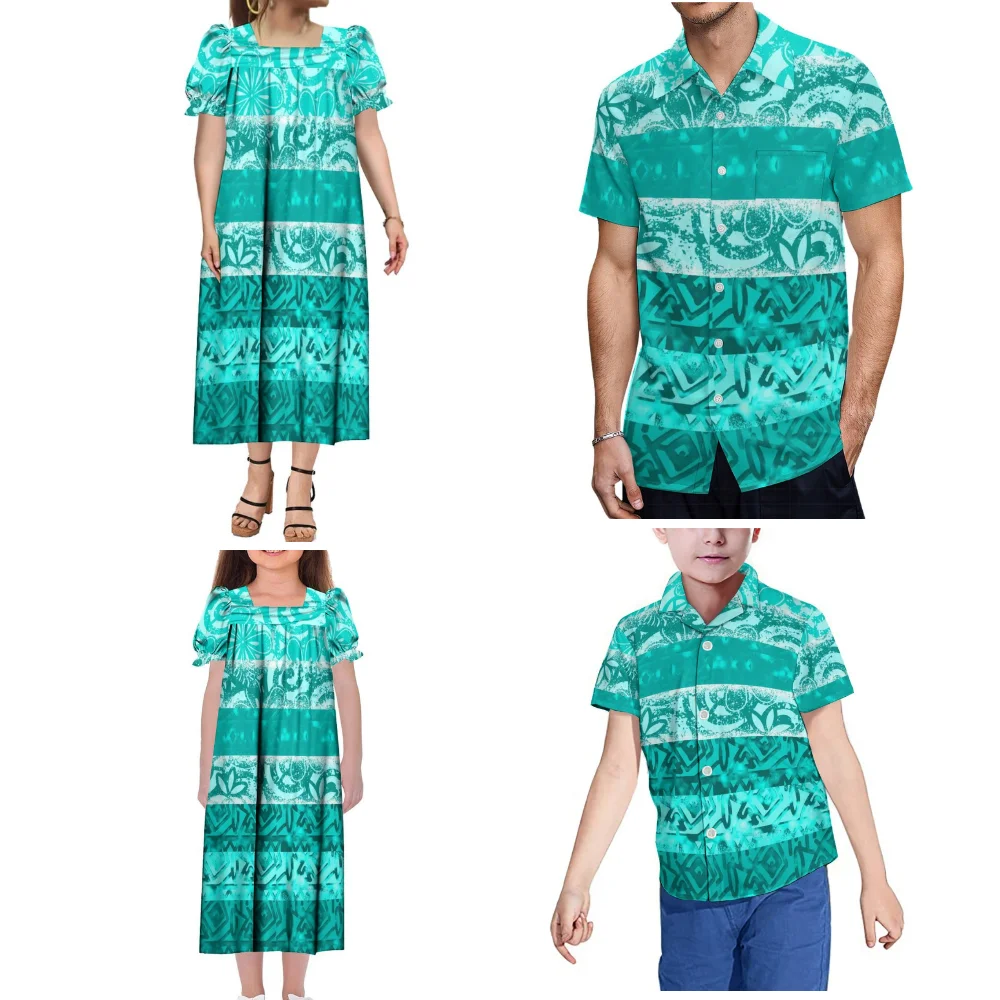 

Custom Wholesale Polynesian Family Gathering Uniform Dress Tribal Print Summer Adult Children Women'S Dress Men'S Shirt