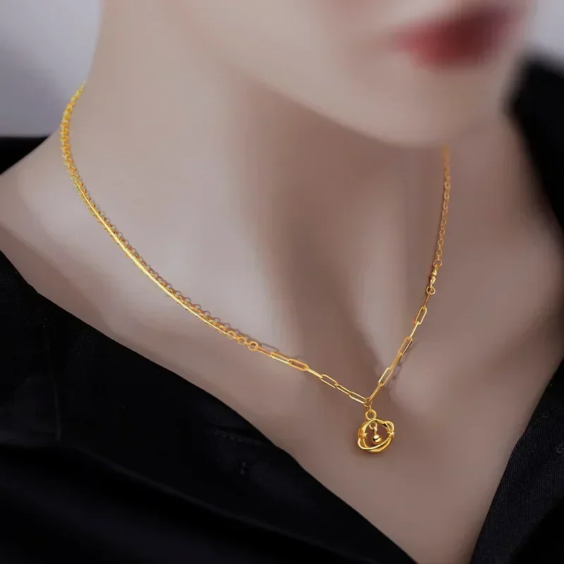 

9999 настоящее золото 24 К, хит продаж, модная женская нежная милая цепочка на ключицу Happy Planet Roaming, золотой комплект