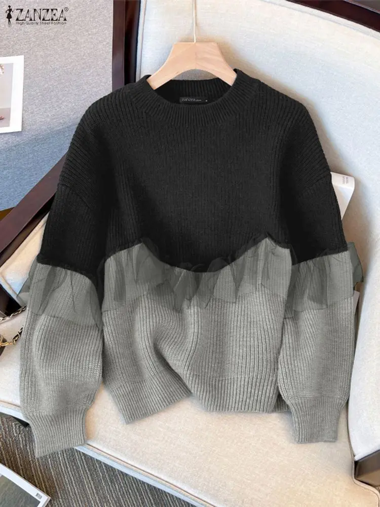 Zanzea moda coreana moletom feminino outono aconchegante gota-ombro manga malha retalhos contraste-cor pullovers roupas femininas