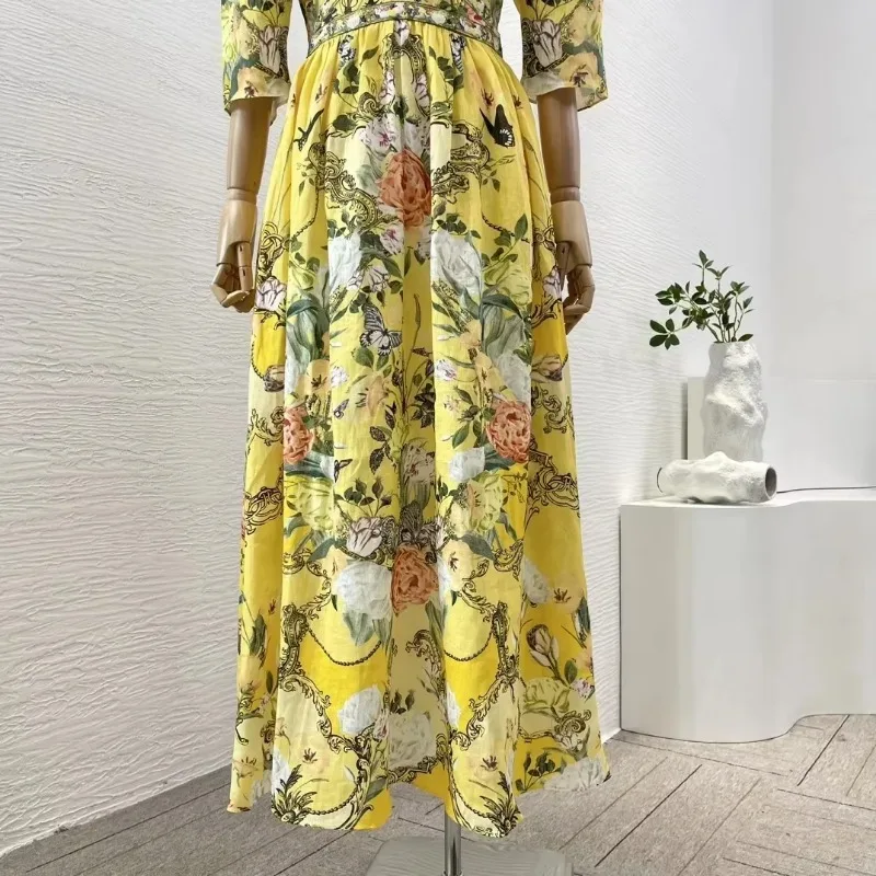 Half Sleeve Holiday 2024 New Yellow Floral Butterfly Print Linen High Quality Deep V-Neck Diamonds Pressed Women Midi Dress