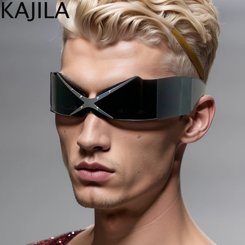 

Y2K Punk Rimless Mask Sunglasses Men Women 2025 Luxury Brand Vintage One-Piece Shield Rectangle Eyewear Male Wrap Around Goggle