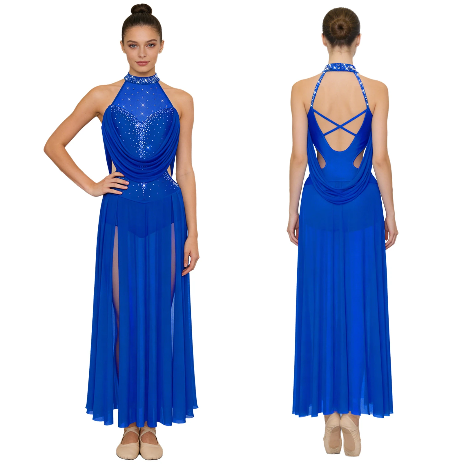 

Женское современное платье-купальник для лирического танца, фигурного катания, гимнастики, акробатики, с лямкой через шею, без рукавов, с блестящими стразами и прозрачными сетчатыми вставками