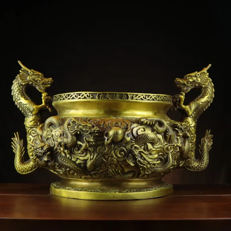 Copper incense burner, double dragon incense burner enshrined in household temples, incense burner