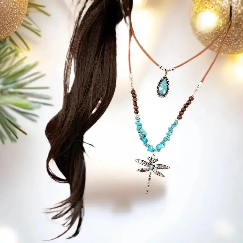 Ethnic Style Vintage Dragonfly Pendant Necklace For Women Bohemian Style Faux Turquoise Beaded Necklace