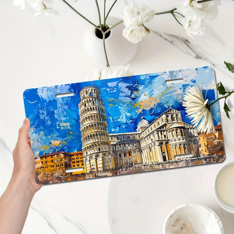 HD Tin Sign, Vintage Leaning Tower of Pisa Italy Oil Painting License Plate Metal Wall Art, Retro European Landmark Decor for Ba