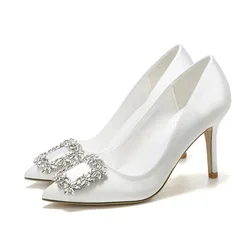 7cm Shoes Women Luxury Designer Square Sequins Satin Sexy High Heels White Bridal Wedding Women Shoes