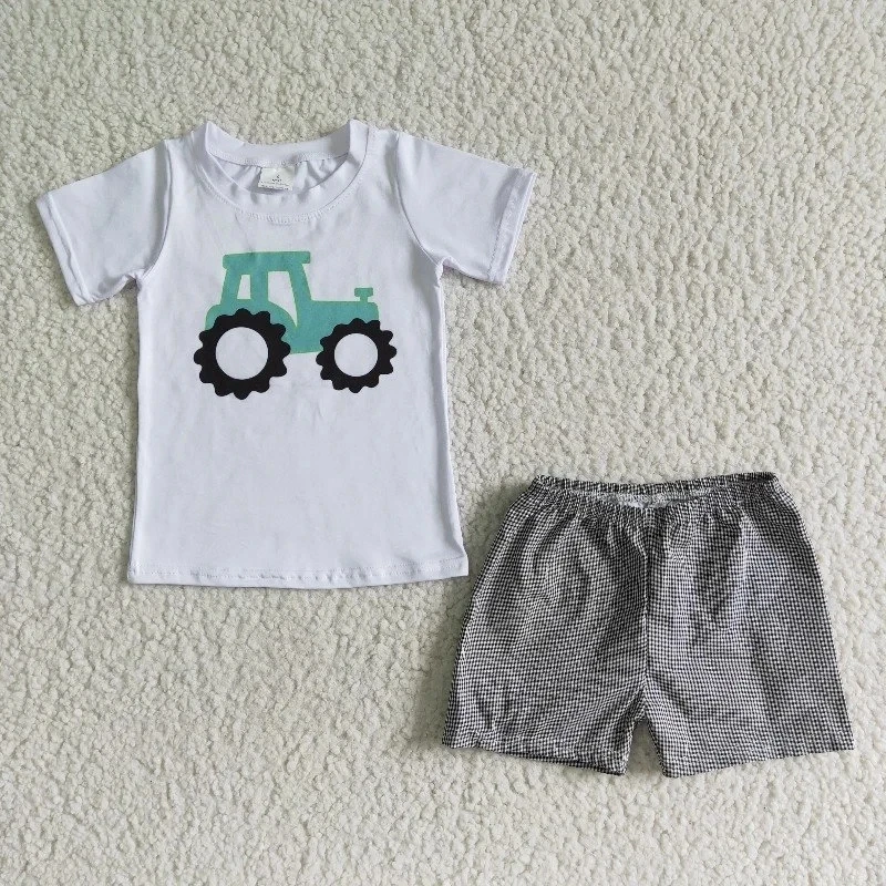 

Wholesale Baby Boy Summer Farm Clothing White Sleeve Tractor Shirt Plaid Shorts Children Boutique Kid Set Outfit Casual Clothes