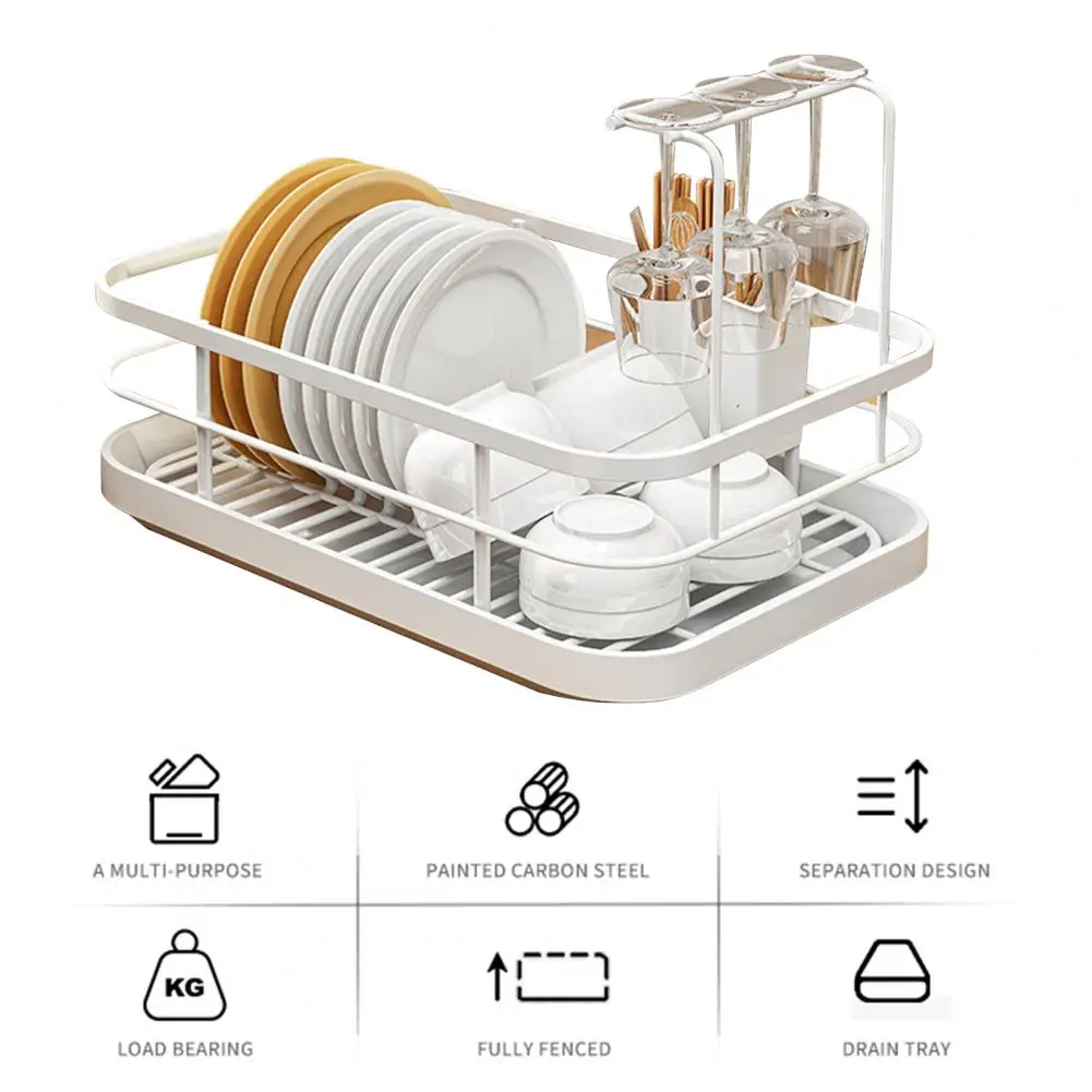 Drain Tray Dish Rack Adjustable Ventilated Dish Plate Storage Rack with Cutlery Holder for Kitchen Counter Organization Capacity