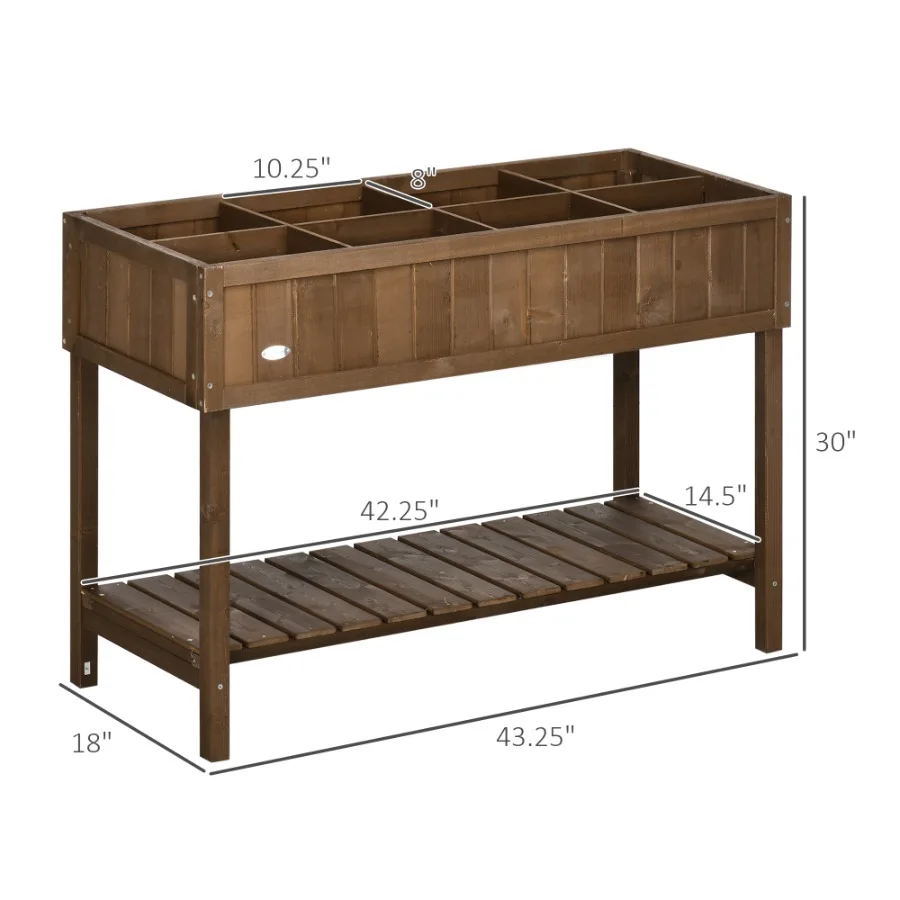 Wooden Raised Garden Bed, Elevated Planter Box Stand with 8 Slots and Open Shelf, Dark Brown