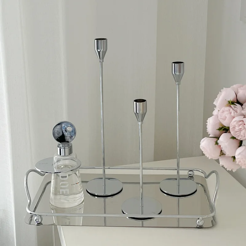 3 Pc/sets  Nordic Ins Light Luxury Black And Silver Pole Candle Holders Valentine's Day Romantic Dining Table Candlelight Dinner