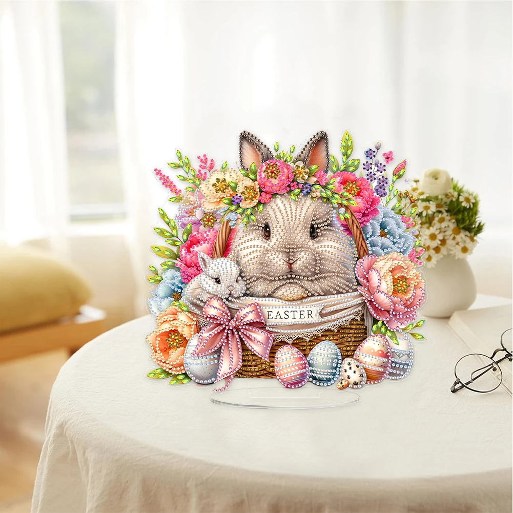 Pintura acrílica de diamante de duende de Pascua, Kit de adornos de mesa, molino de viento de gato, conejo, camión, pintura de diamante, decoración de escritorio