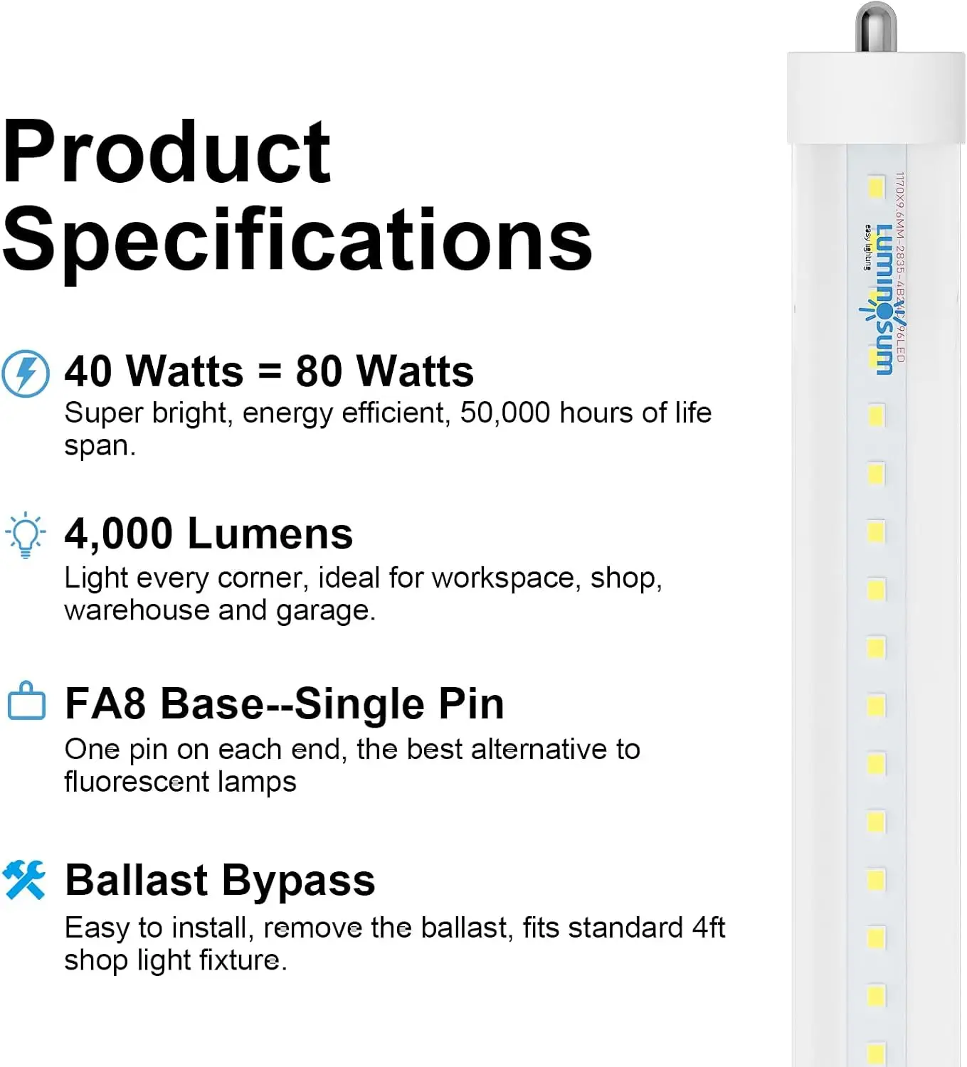 8ft T8 LED Bulbs, Shop Lights 40W, ETL Listed, 6000K 20 Pack