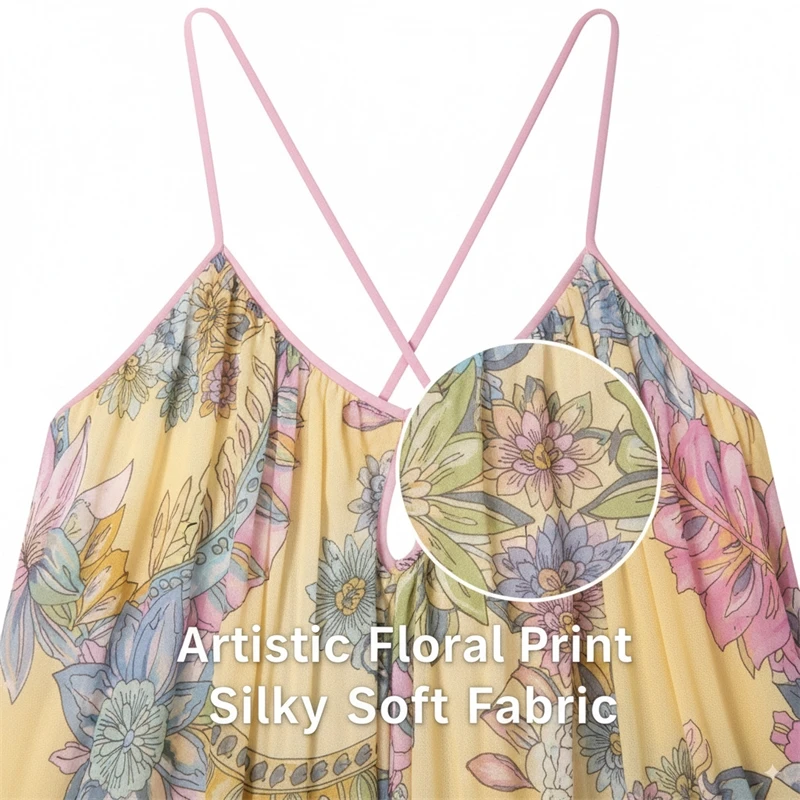 فستان صيفي مطبوع عليه زهور للنساء فستان طويل فضفاض بياقة على شكل حرف V وحزام سباغيتي - ملابس منتجع عطلة متدلية