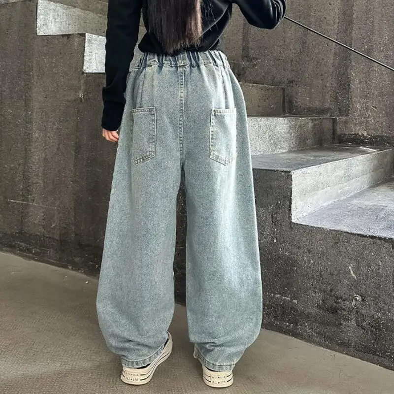 Spring Teen Girls Patchwork Design Jeans Cool Streetwear Kids Blue Denim Pants Ashionable Casual Wide-leg Trousers Clothes