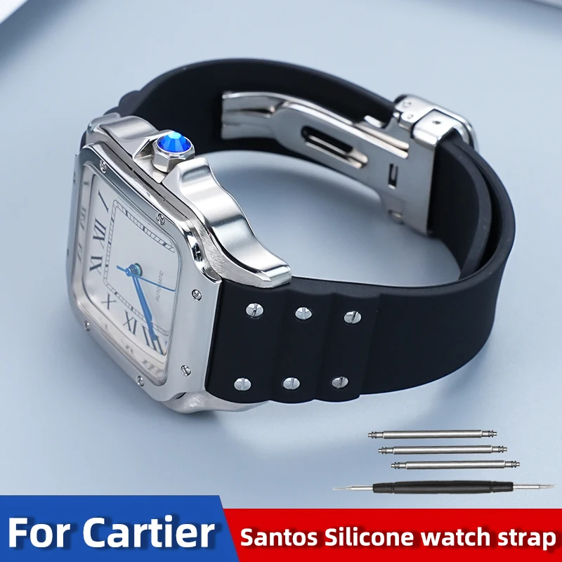 21mm Genuine Rubber/Silicone Watch Band for Cartier Santos Men's Watch – Replacement Strap for Santos de Cartier Series (Black/