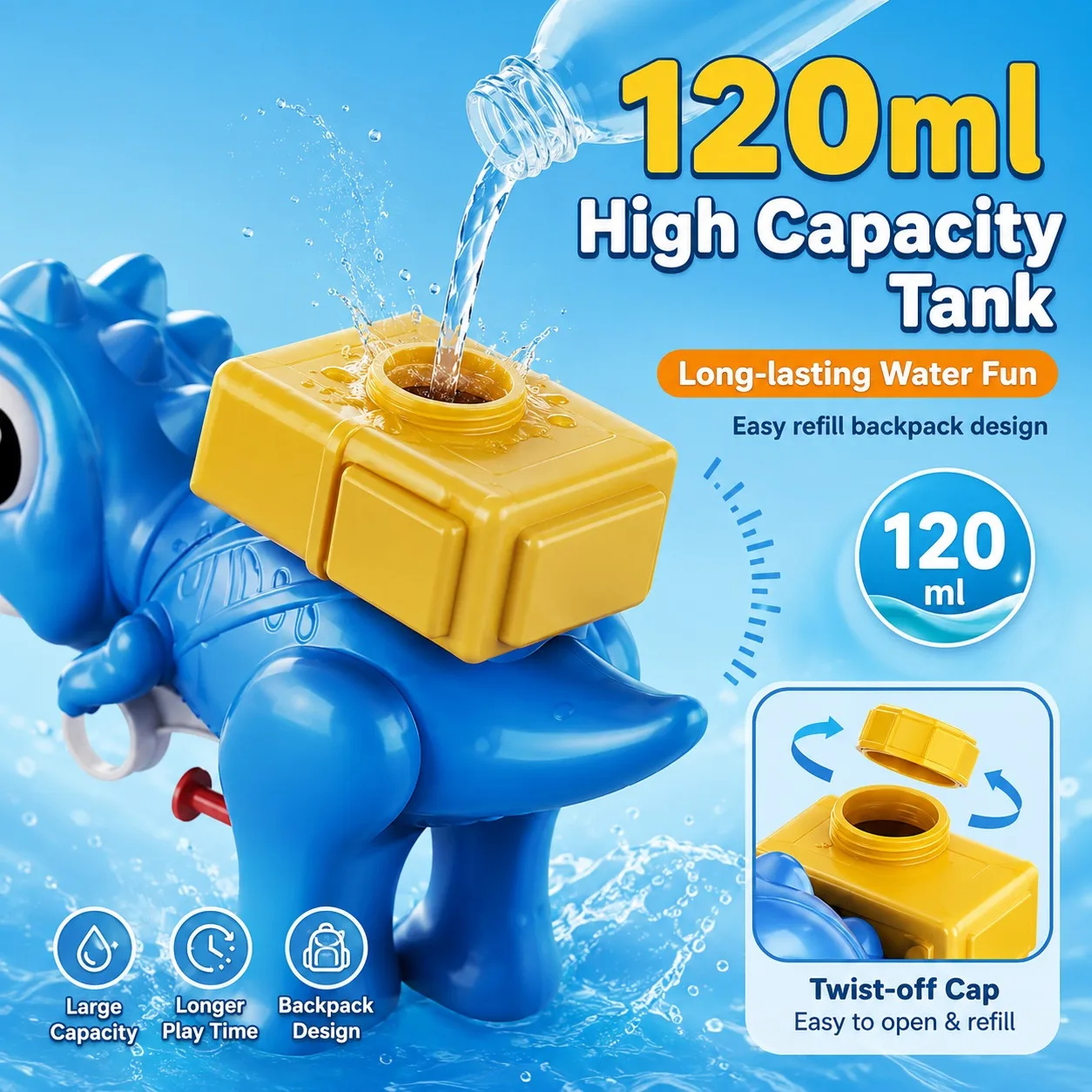 Kids Dinosaur Water Gun Toy 120ML Large Capacity 6‑8M Shooting Range Leak‑proof Summer Pool Beach Water Fight Toy for Boys Girls