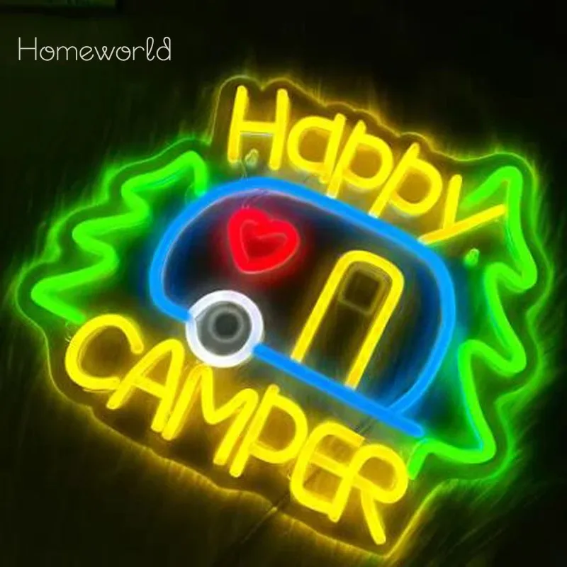 Happy Camper Neon Sign For Wall Decor Party Decor Touring Car Gifts Campsite Decorations Inside Camper Backdrop USB Power