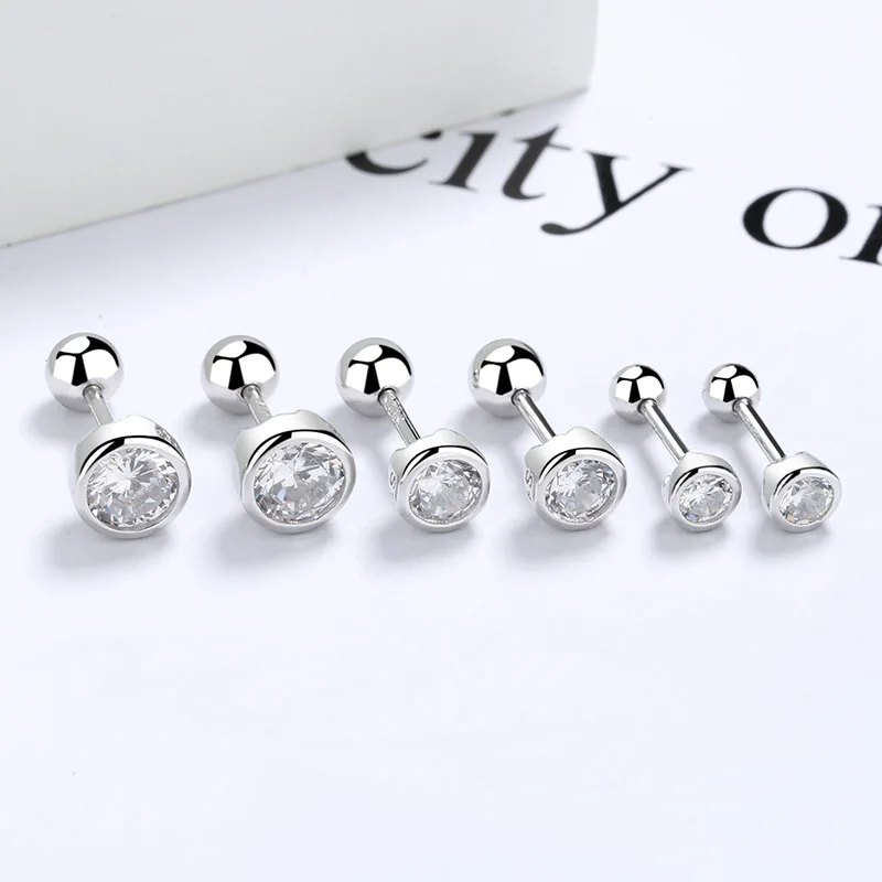 925 sterling silver zircon round bead threaded stud earrings, women's screw twist-off stud earrings, simple and fashion