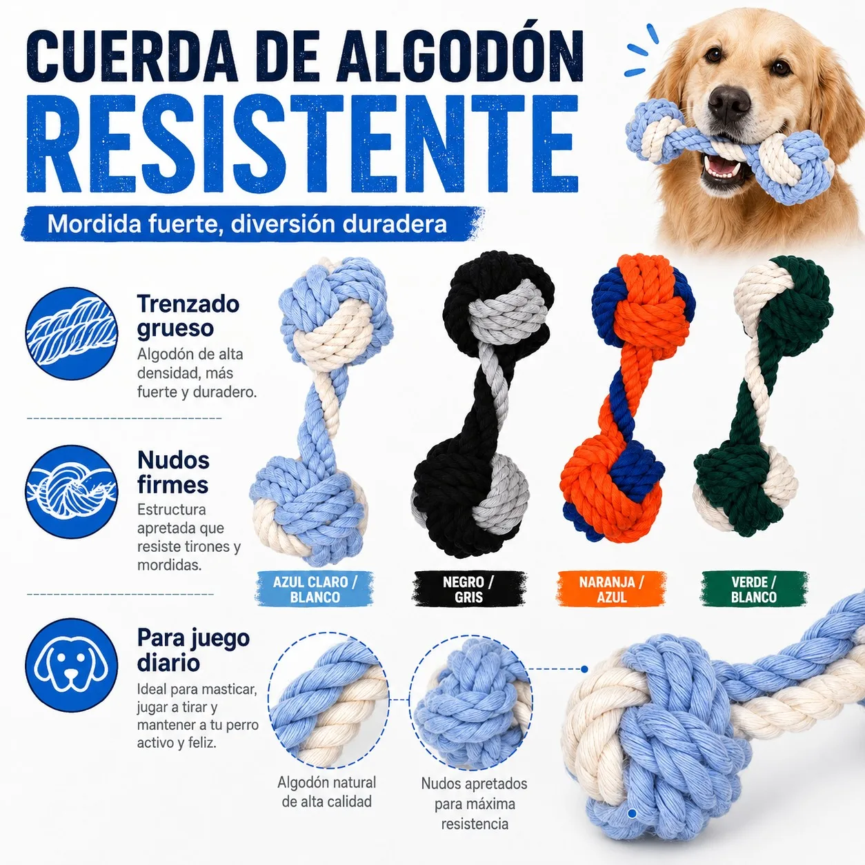 Jouet en corde de coton pour chiens de taille moyenne et grande, jouet à mâcher durable de 18 cm avec double design haltère, nœuds robustes pour le nettoyage dentaire et un jeu interactif longue durée