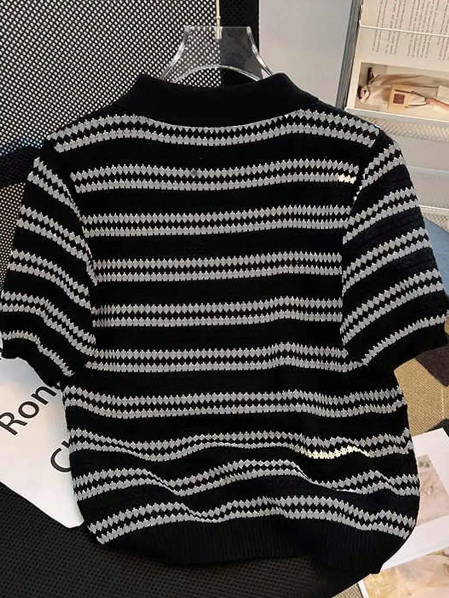 Men's Short Sleeve Striped Knit Polo Sweater, Casual Everyday Wear