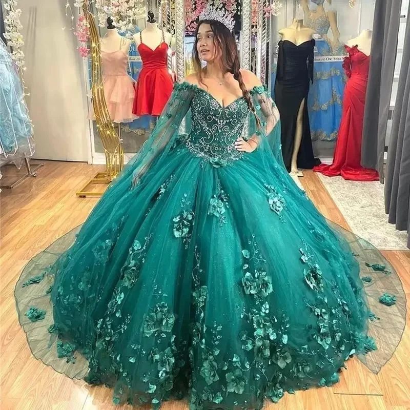 ANGELSBRIDEP-Vestido De quinceañera para niña, traje De fiesta De cumpleaños De 15 años, con capa 3D, flores, turquesa, 15 años