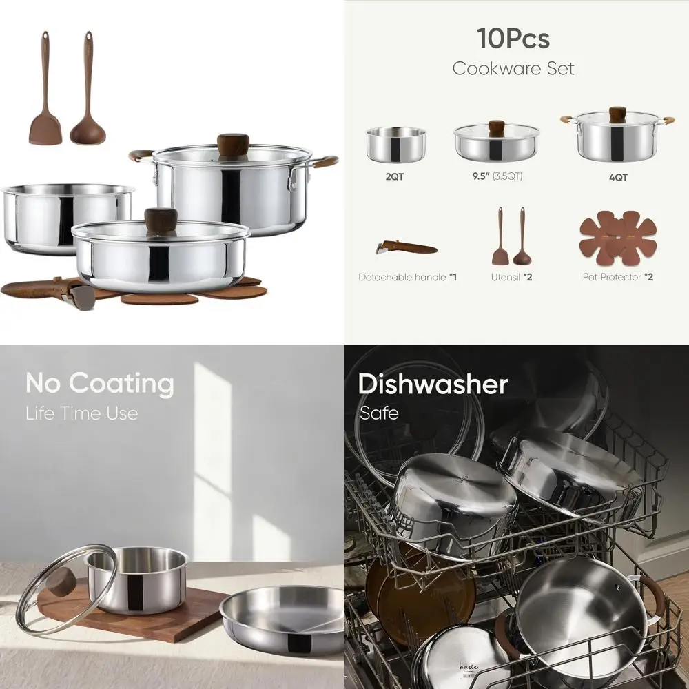 

Stainless Steel Detachable Handle Cookware Set, 10-Piece Pots & Pans, Induction Compatible, RV/Camping, Oven-Safe Woodgrain Kitc