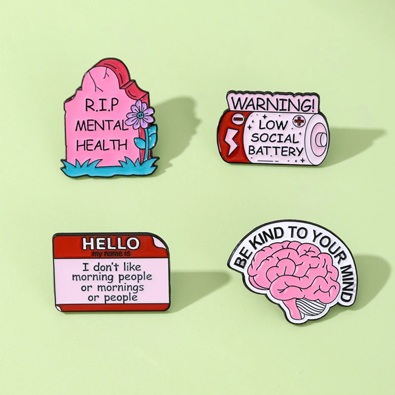 Be Kind To Your Mind Pink Brain Enamel Pins  Low Social Battery Terrifying Tomb Lapel Badges Backpack Jewelry Accessories Gifts