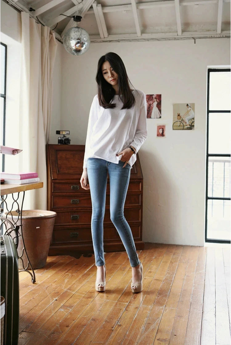 spring and autumn office lady cotton young female women girls brand stretch high waist skinny pencil jeans