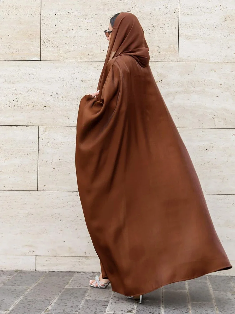 Kimono Abaya dla kobiet skromna muzułmańska moda marokańska jasna satyna jedwabna rękaw w kształcie skrzydła nietoperza kardigan szata Corban Eid Al Adha