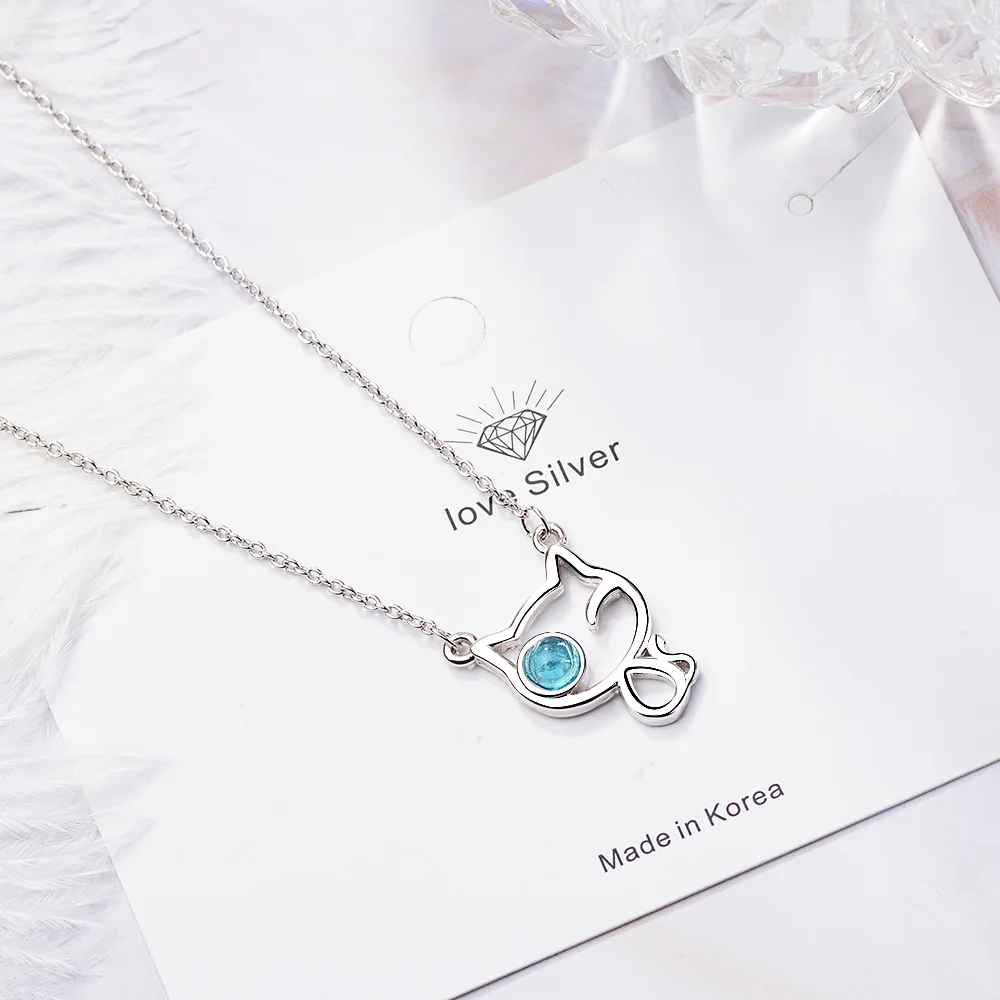 

925 Sterling Silver Cat Crystal Necklaces For Women High Quality Fine Jewelry Accessories Wholesale Gift Female