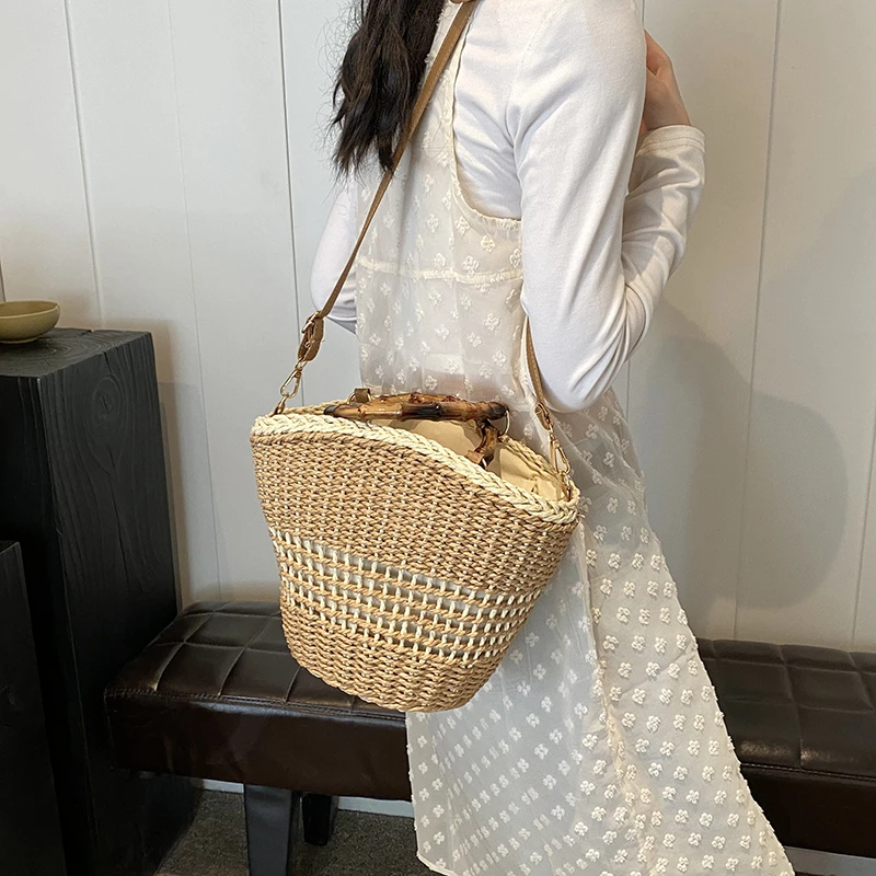 Sac à Main en Paille Tissé à la Main pour Femme, Sacoche Ajourée, Style Bohème Décontracté, de Plage, à Bandoulière, à la Mode, pour Été