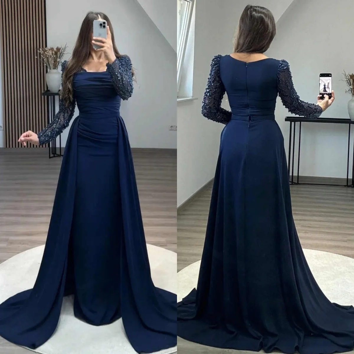 

Customized Elegant atroceruleous Jersey Evening Dress Exquisite Crew Neck Long Sleeves Cocktail Dress Zipper Back Party Dress