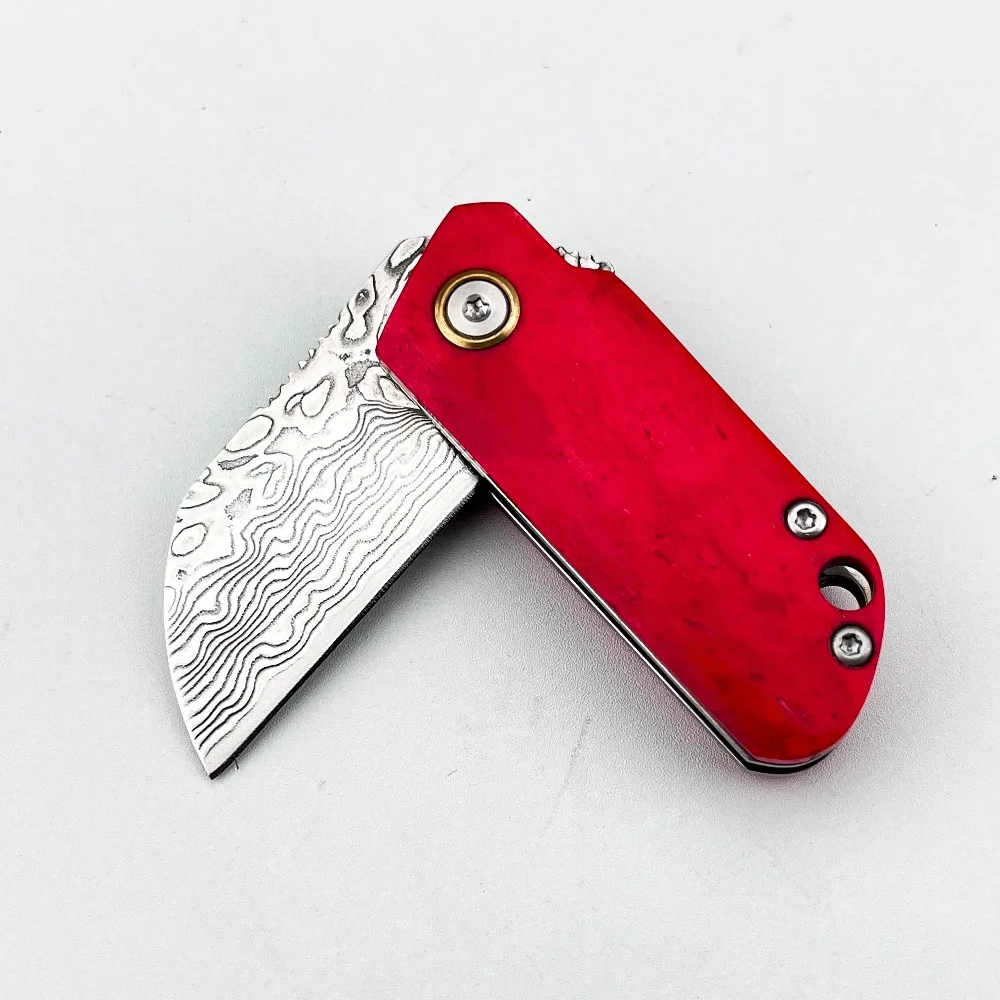 Portable Small Damascus Steel Folding Knife Red Handle Pocket Knife Outdoor EDC Jungle Knife Peeling Tool Durable Knives