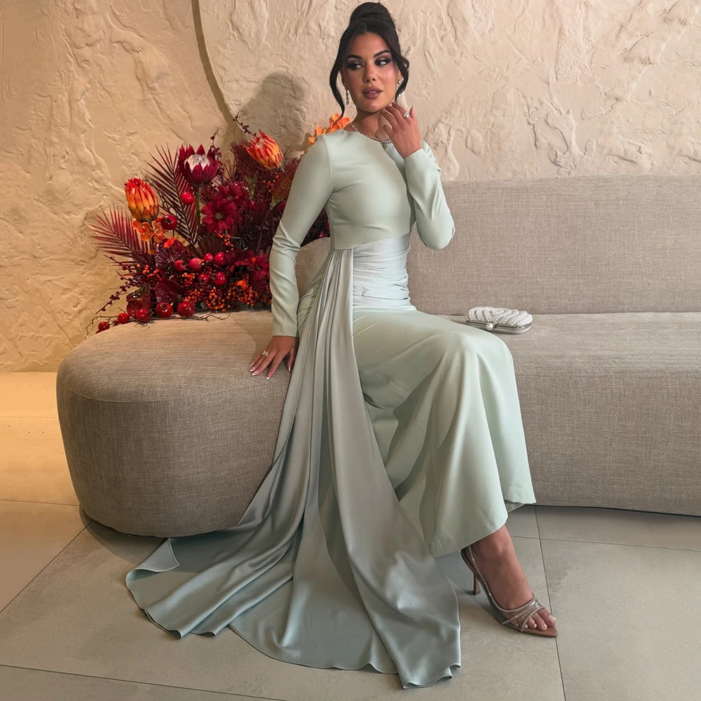 

Customized O-neck Full Sleeves Jersey Evening Dress Simple Satin Sweep Train Mermaid Prom Gown Ankle Length Party Dress