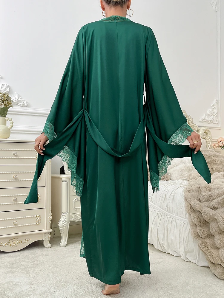 Abito da donna Luxuy Satin Pijama Lace Trim Manica svasata Abito da doccia Comodo setoso Accappatoio per la casa Lungo scollo a V Camicie da notte sexy