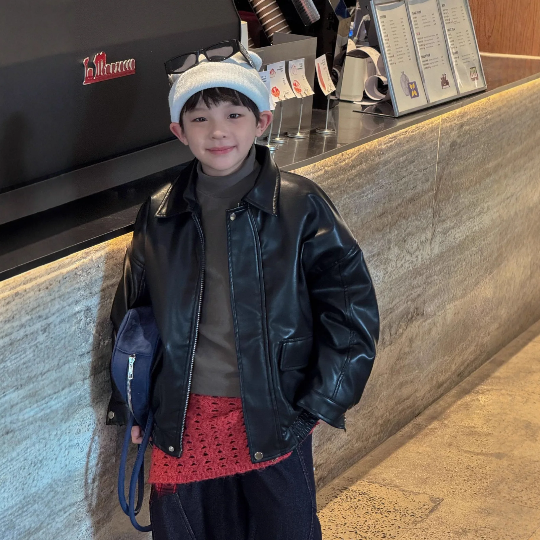 

New Autumn Winter Boys Solid Color Simple Thickened Leather Jackets Children Clothing Fashionable and Casual Cotton Leather Coat