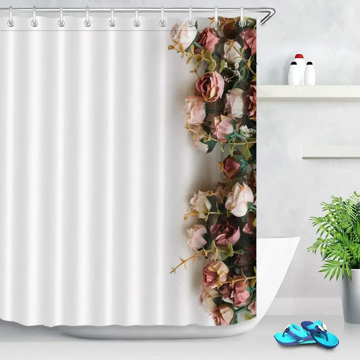 

Modern White Shower Curtain Hooks Champagne Rose Fabric Bathroom Set