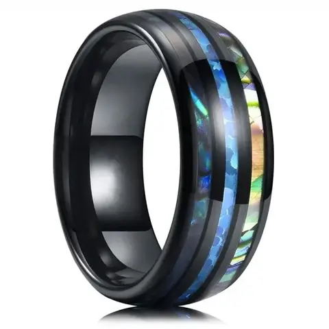 Inlay Blue Opal And Abalone Shell Ring Fashion 8mm Stainless Steel Rings For Men Wedding Engagement Jewelry Anniversary Gift