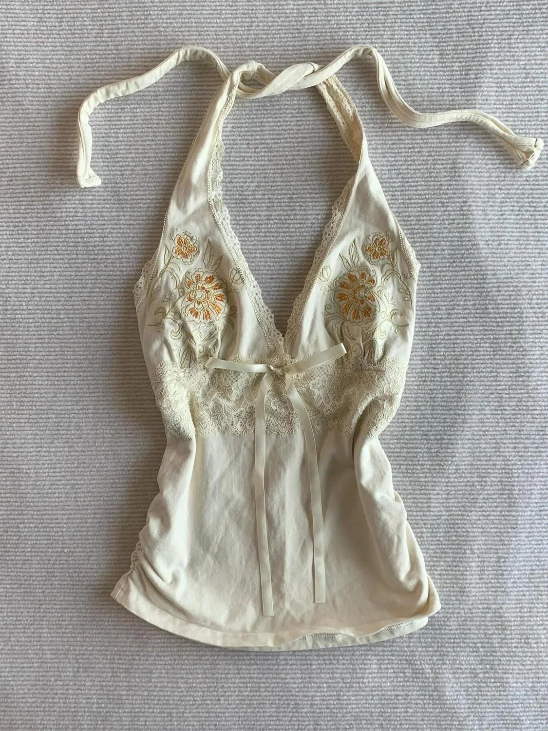 Vintage Cottagecore Women Cream Halter Camisole Top Floral Embroidery Deep V‑Neck Lace Ruched Y2K Aesthetic Slim‑Fit Tank Tops