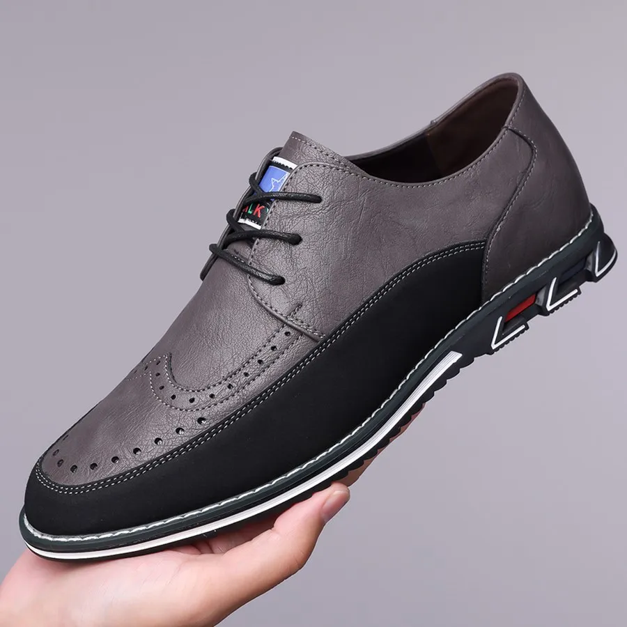 Men's Lace-Up Low-Top Casual Shoes, Brogue-Style PU Upper, Round Toe, Lightweight Support Sole for Daily Commute and Leisure