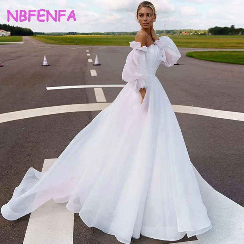 French White Organza Strapless Wedding Trailing Dresses for Bride 2024 Elegant Long Sleeve Prom Evening Guest Party Women Dress