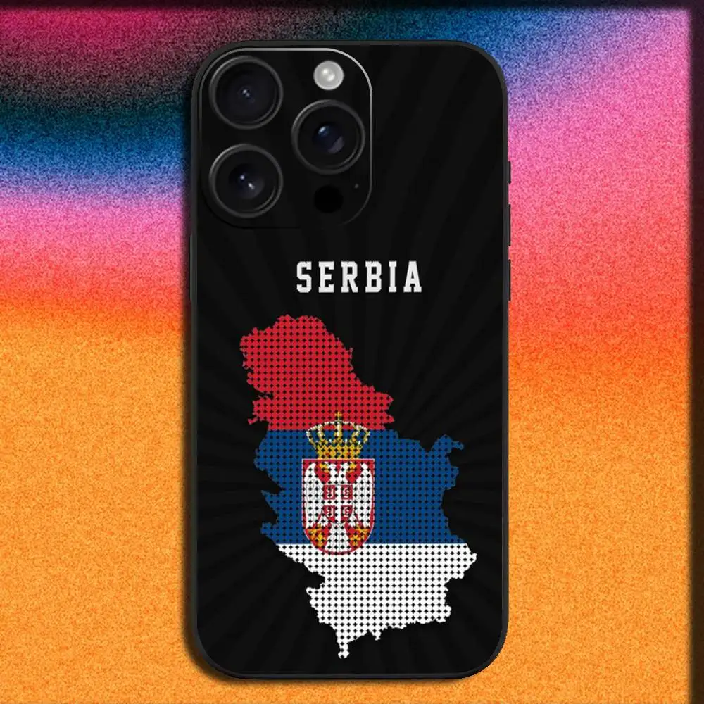 เคสโทรศัพท์ลายธงชาติเซอร์เบีย สำหรับ iPhone 17,16,15,14,13,12,Pro,Max,Plus,E,SE4,Air,Mini สีดำ