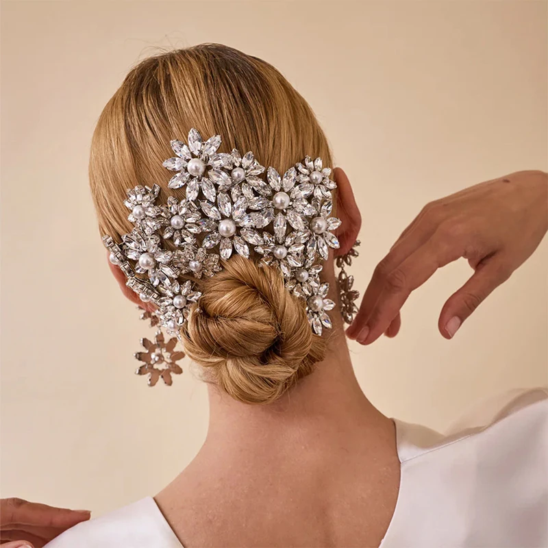 Peinetas de flores con diamantes de imitación para mujer, accesorios para el cabello de boda, horquillas para novia