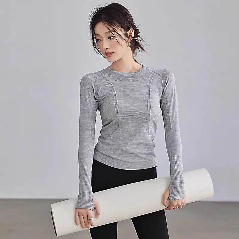 Odzież do jogi dla kobiet, topy sportowe, okrągły dekolt, bezszwowa, wąska, koszulka do biegania Fitness Workout z długim rękawem T-shirt na siłownię, zima