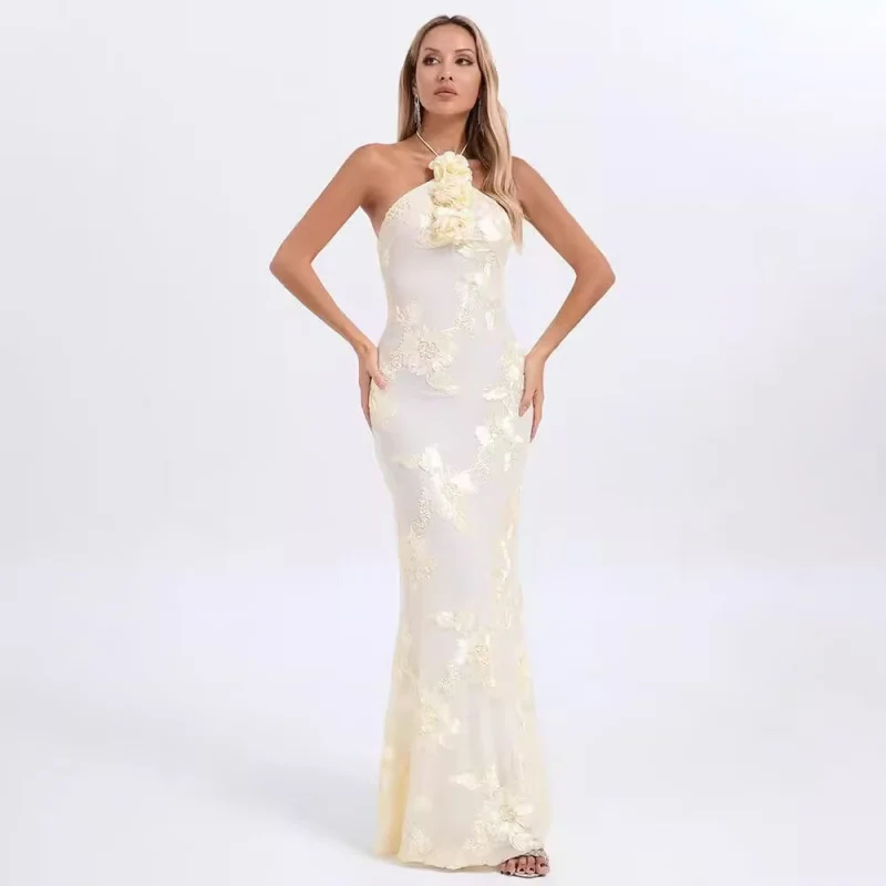 

ILADO2025Sexy Halter Neck 3D Floral Bodycon Long Dress for Women Beige Sleeveless Tie Floor-Length Evening Party Long Wedding Dr