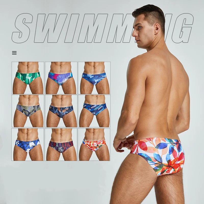 

Men's Swim Briefs Printed Swimming Trunks Triangle Professional for Training and Competition MYmen01