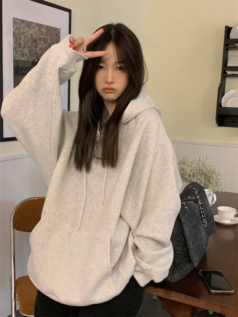 Fashion Dark Grey Hoodie Fleece Thicken Sweatshirt Long Sleeve Korean Letter Printing Baggy Female Top Pullover Harajuku Hoodie