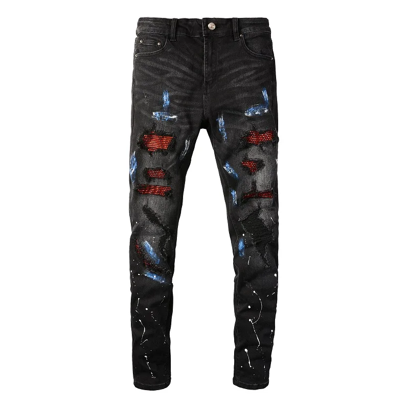 Herren-Jeans aus Stretch-Denim mit Kristallverzierung, Skinny-Schnitt, mit aufgemalten Löchern, zerrissene, schmal zulaufende Hose, Streetwear, Patchwork-Design, schwarze Hose. – Detail 15
